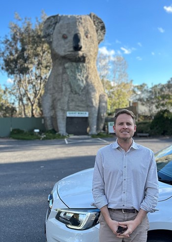 Tom at the Giant Koala break on road trip to Horsham to see client, local community and health experts - Dadswells Bridge, VIC - May 2025