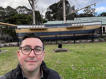 Matt Charbel ups the ante on visits to "all things big" across Australia (after Tom's big ram, giant goanna and big koala) while visiting financial counsellors in SA's southeast - HMS Lady Nelson - Mount Gambier Visitor Centre - June 2025