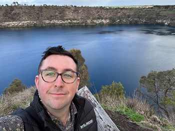Matt Charbel on a visit to the Limestone Coast to meet up with Lifeline South East, AC Care Mount Gambier and Rurual Business Support to talk all things super - Blue Lake Mount Gambier - June 2025