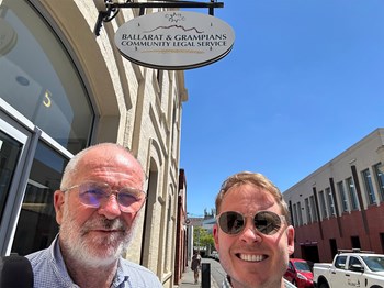 Tom and Normie in Ballarat presenting to the Allied Justice (its an old sign!). It was great to be in Ballarat for the day and to present to the good people at Arc Justice about insurance and natural disasters. - Ballarat, VIC - February 2026